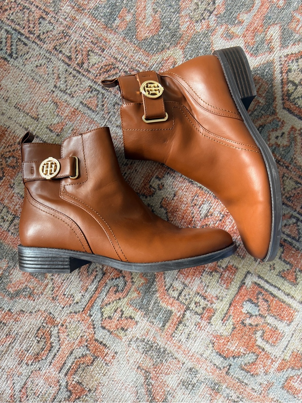 Tommy Hilfiger Brown Leather Ankle Booties with Gold Logo Buckle